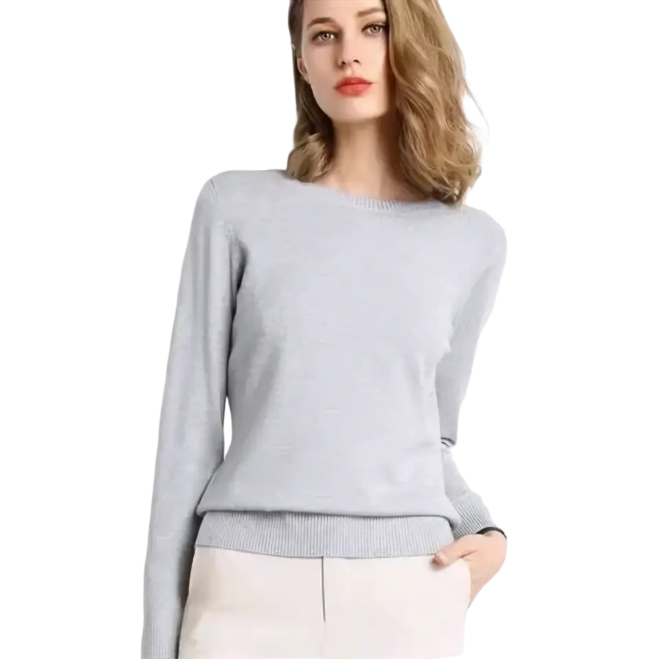 Light gray women solid knit pullover sweater with long sleeves ribbed crew neckline and cuffs made of knit material