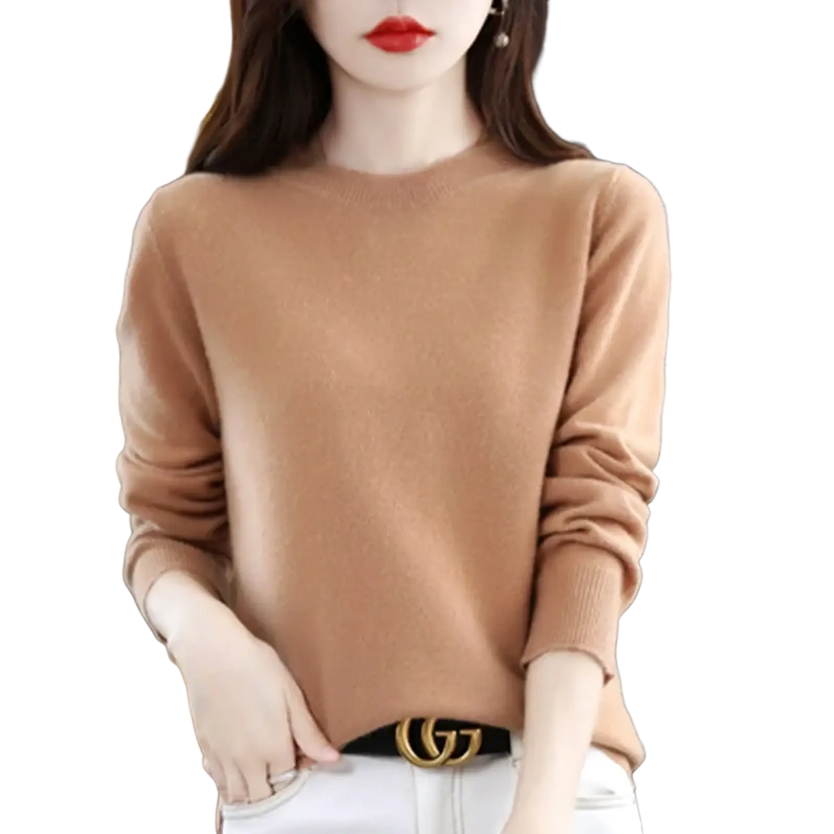 A camel-colored women solid knit pullover sweater with a round neckline and ribbed cuffs made of soft material