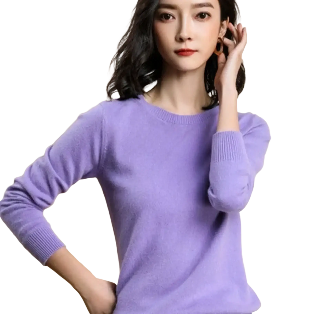 A soft lavender cashmere women solid knit pullover sweater with round neckline and ribbed cuffs