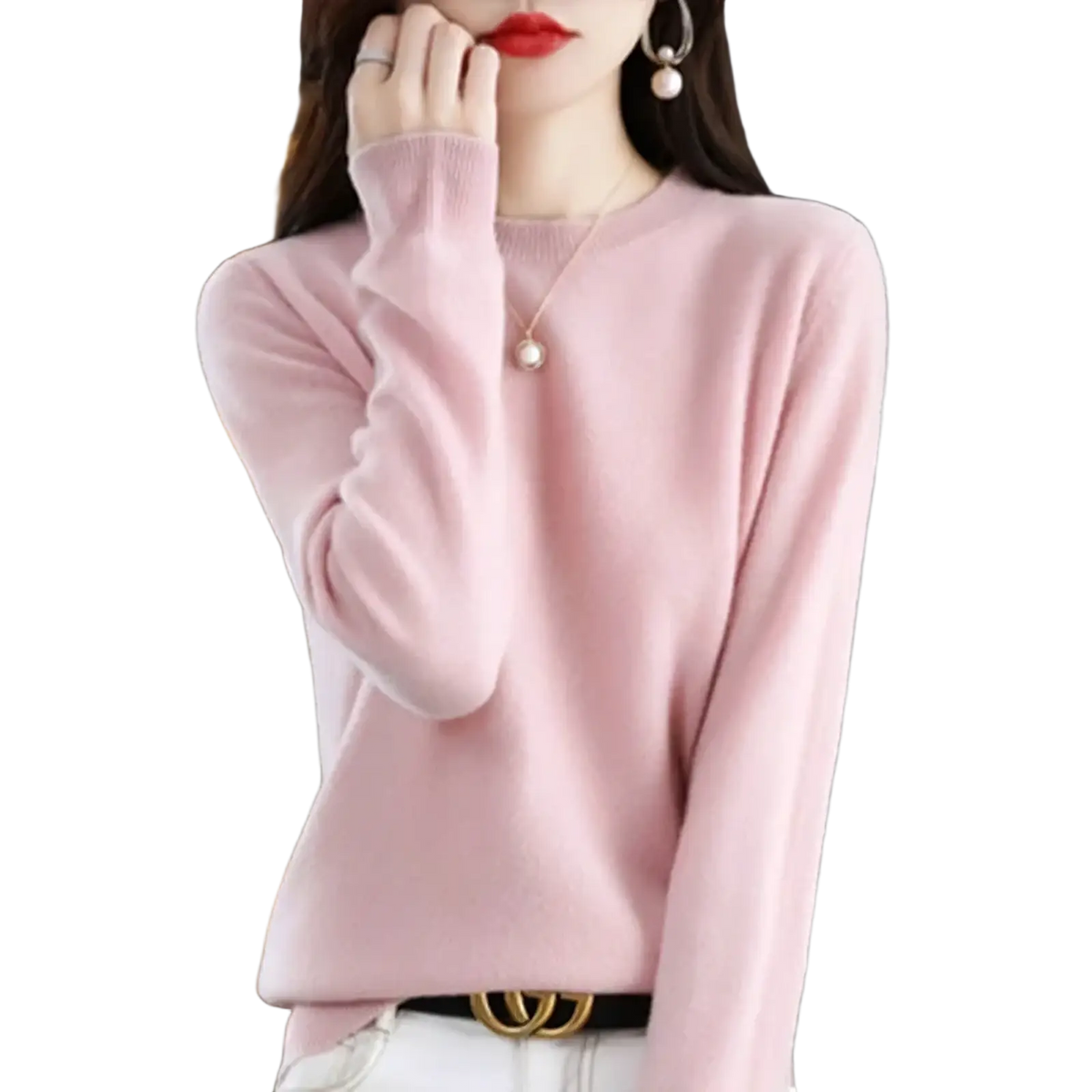Women solid knit pullover sweater in soft pink with long sleeves, round neckline, and ribbed cuffs