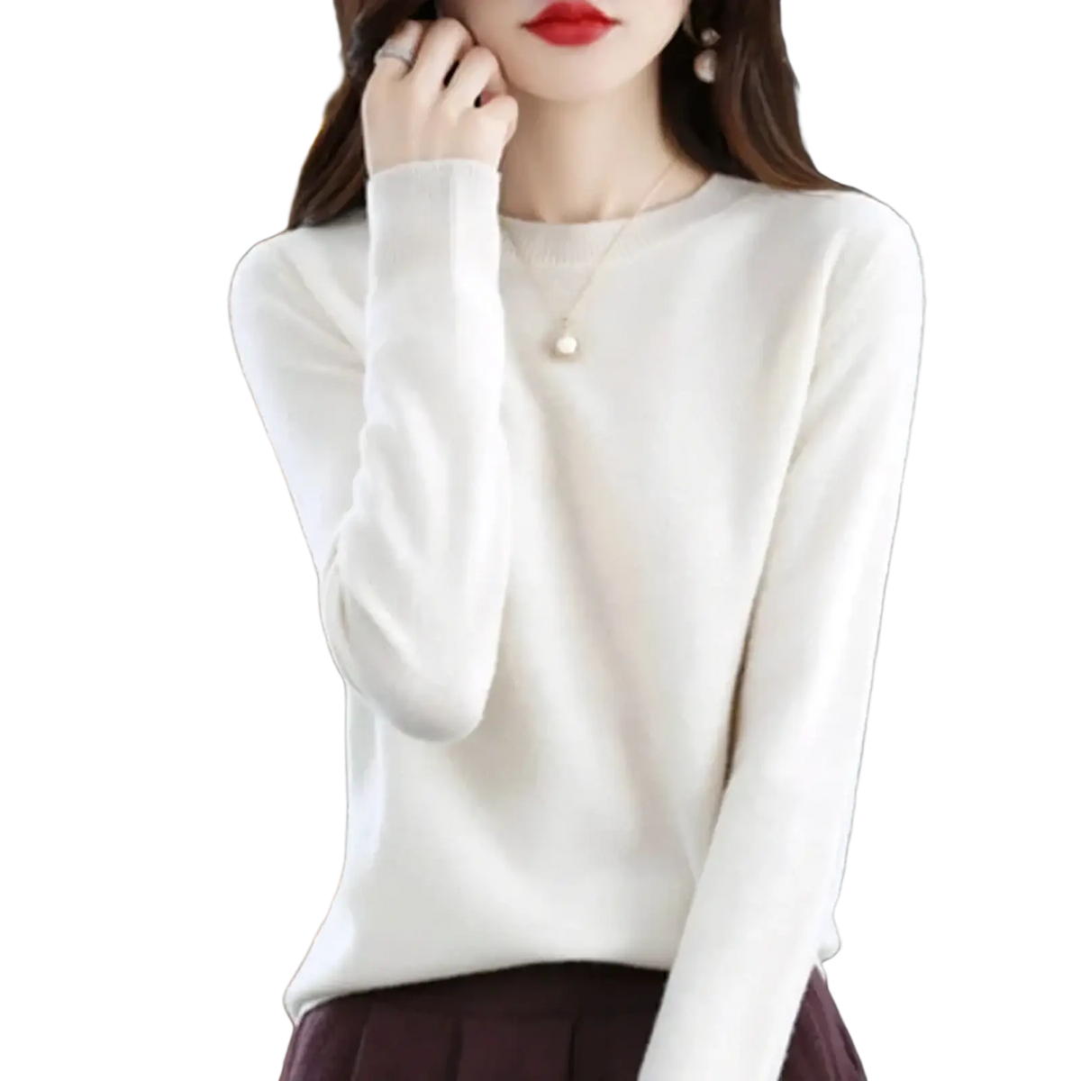 Women solid knit pullover sweater in soft off-white with long sleeves round neckline and ribbed cuffs