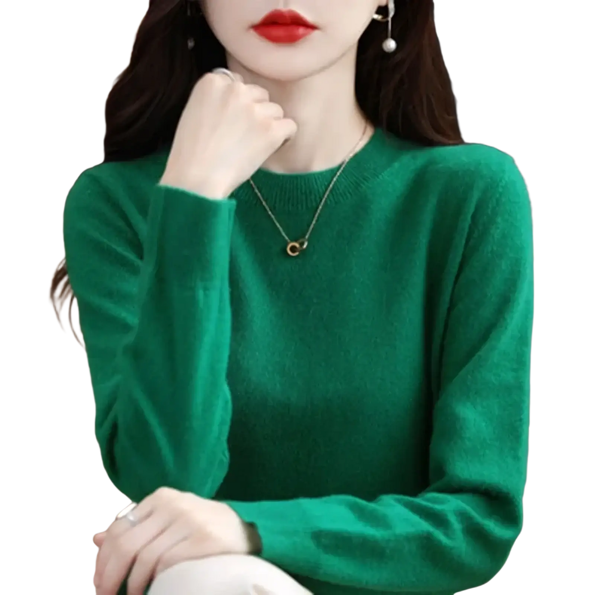 A vibrant emerald green women solid knit pullover sweater with soft ribbed texture and round neckline