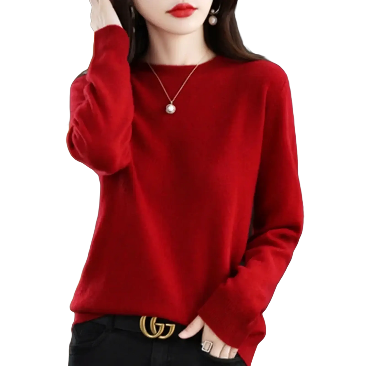 A vibrant red women solid knit pullover sweater with long sleeves, round neckline, and soft textured fabric