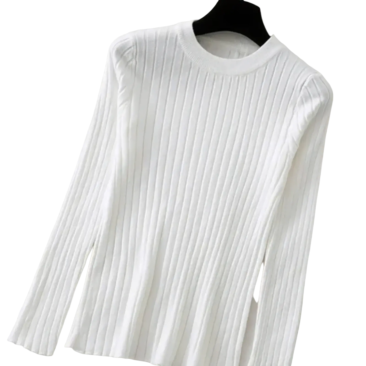 White solid ribbed knit long-sleeve pullover sweater with a round neckline for women