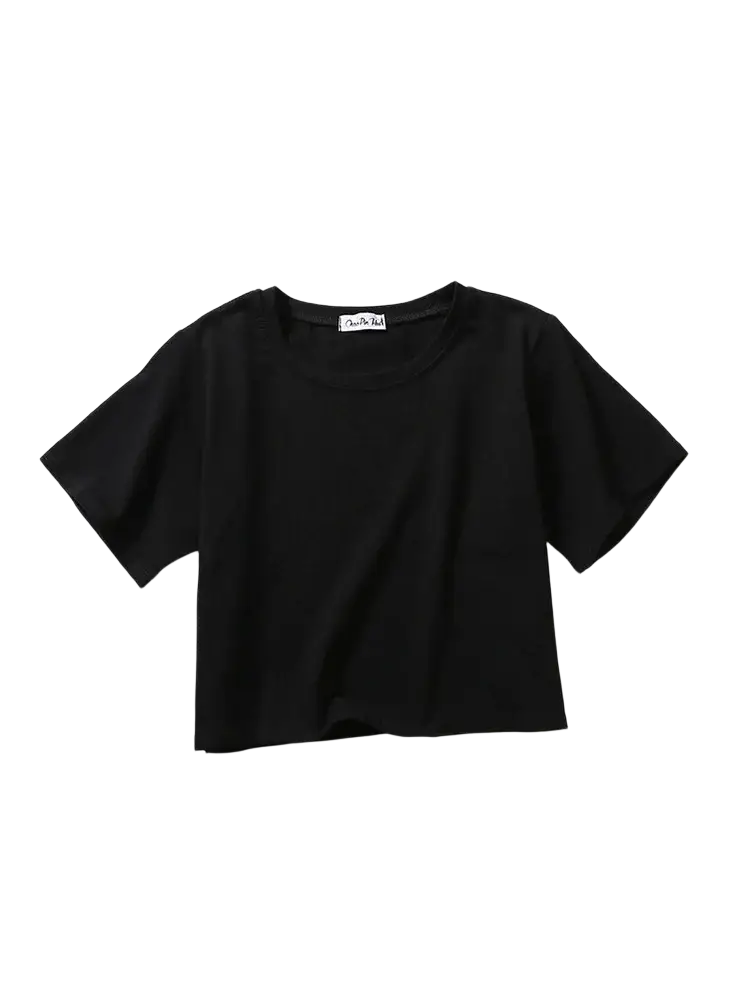 Black solid short sleeve crop top with round neckline and subtle stitching designed for casual wear