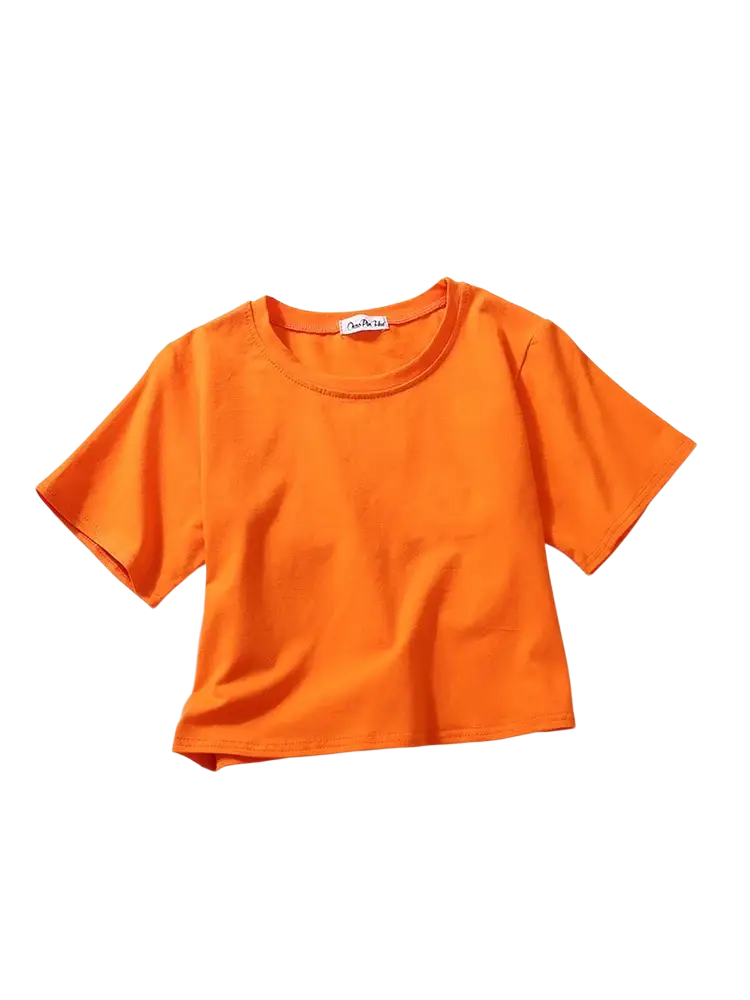 Bright orange women solid short sleeve cropped casual t-shirt with round neckline and simple design