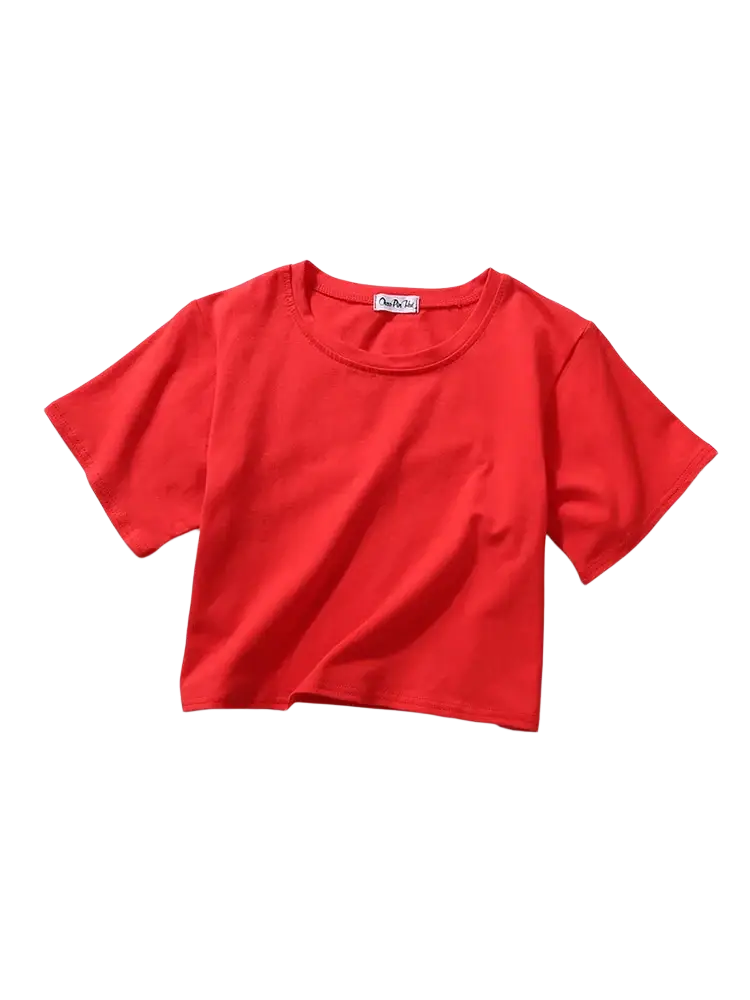 Bright red solid short sleeve crop top with round neckline for casual wear in lightweight fabric