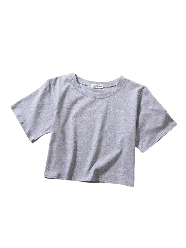 Women solid gray short sleeve crop top made of soft cotton fabric suitable for casual wear with a round neckline