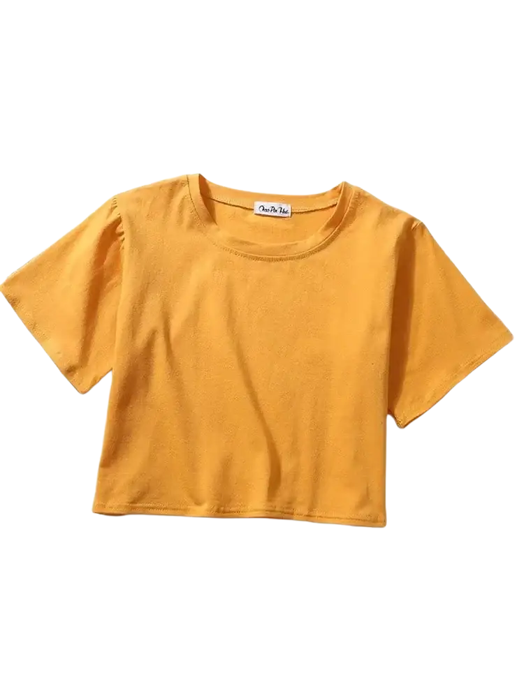 A mustard-yellow women solid short sleeve crop top made of soft cotton for casual wear
