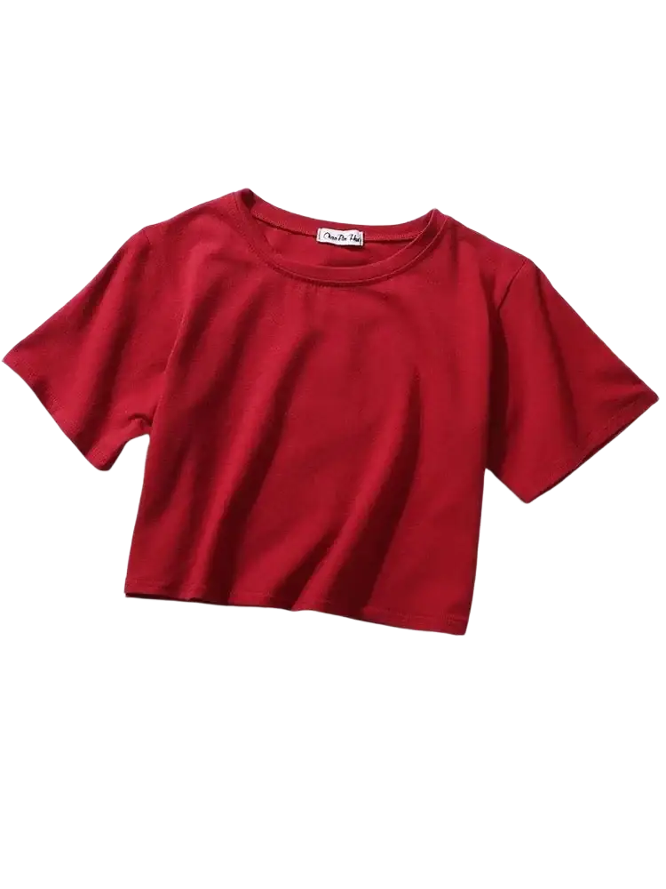 Red solid short sleeve crop top casual t-shirt with round neckline and cotton fabric for women
