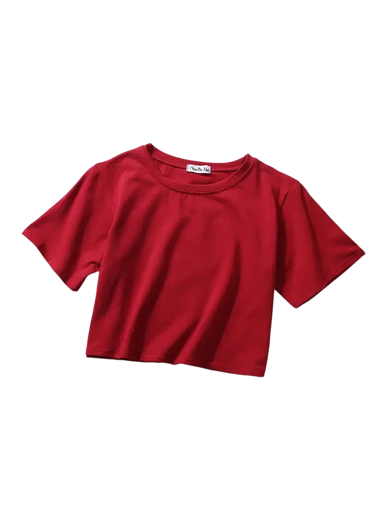 Women solid short sleeve crop top casual t-shirt in red with a round neckline and simple design made of soft fabric
