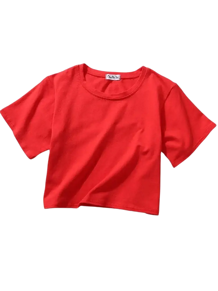Women solid red short sleeve crop top casual t-shirt with round neckline and cropped fit