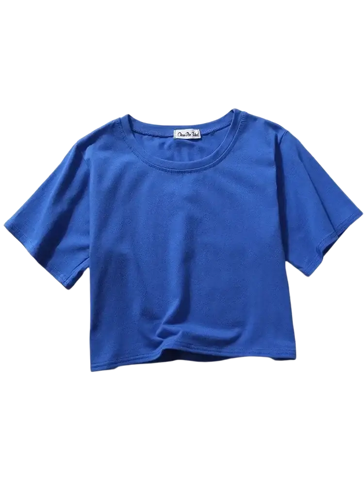 A solid royal blue cropped t-shirt for women with short sleeves and a round neckline perfect for casual wear