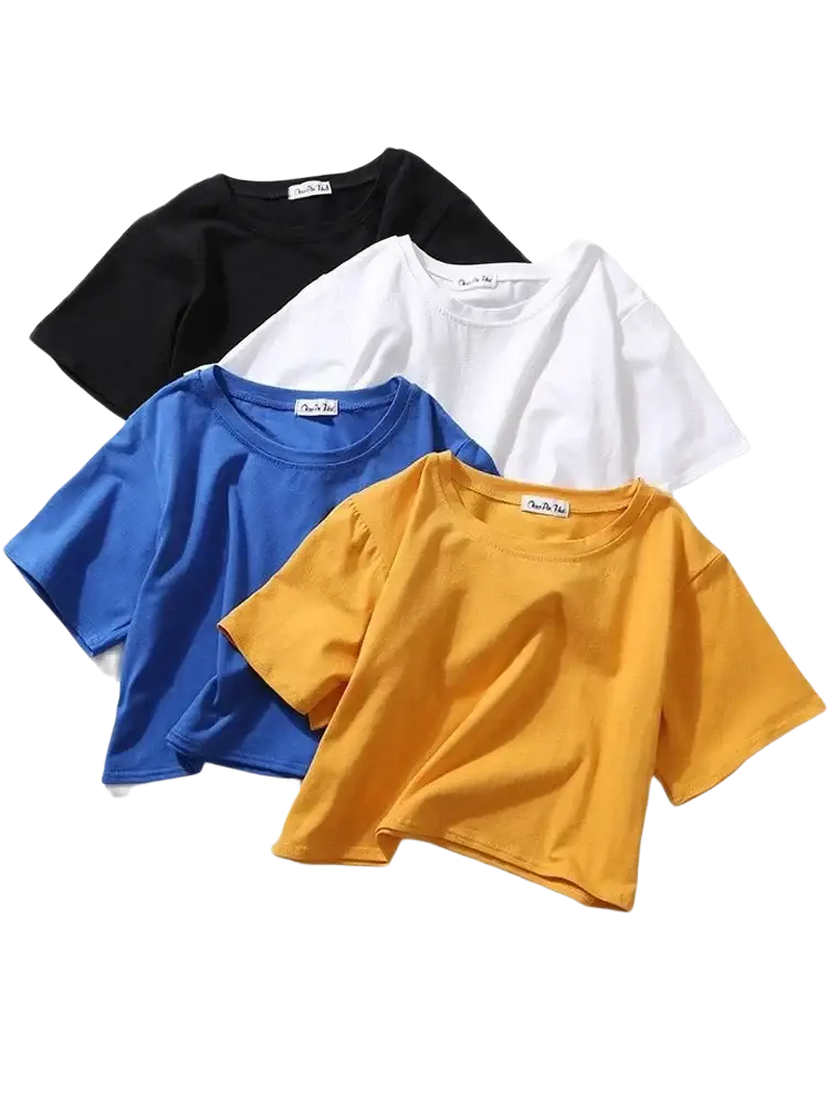 A set of four women solid short sleeve crop tops in black white blue and yellow for casual wear
