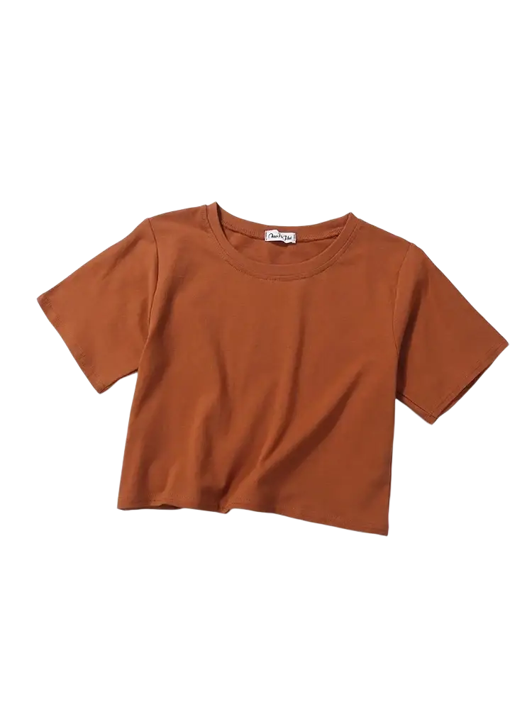 A soft rust-colored solid short sleeve cropped t-shirt for women with a round neckline for casual wear