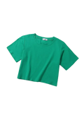 A vibrant green women solid short sleeve crop top made of soft fabric with a round neckline for casual wear