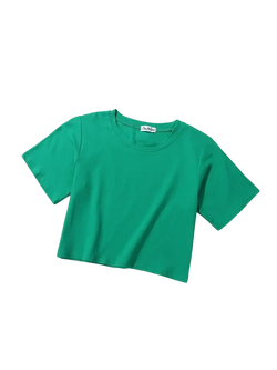 A vibrant green women solid short sleeve crop top made of soft fabric with a round neckline for casual wear