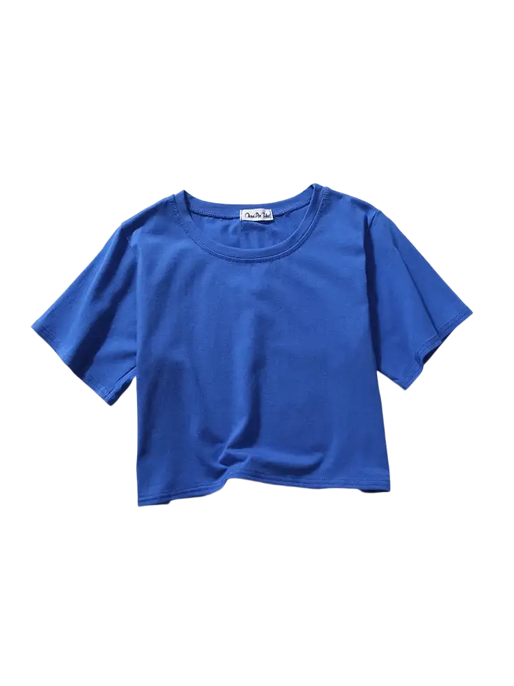 A vibrant royal blue women solid short sleeve crop top made of smooth fabric with a round neckline for casual wear