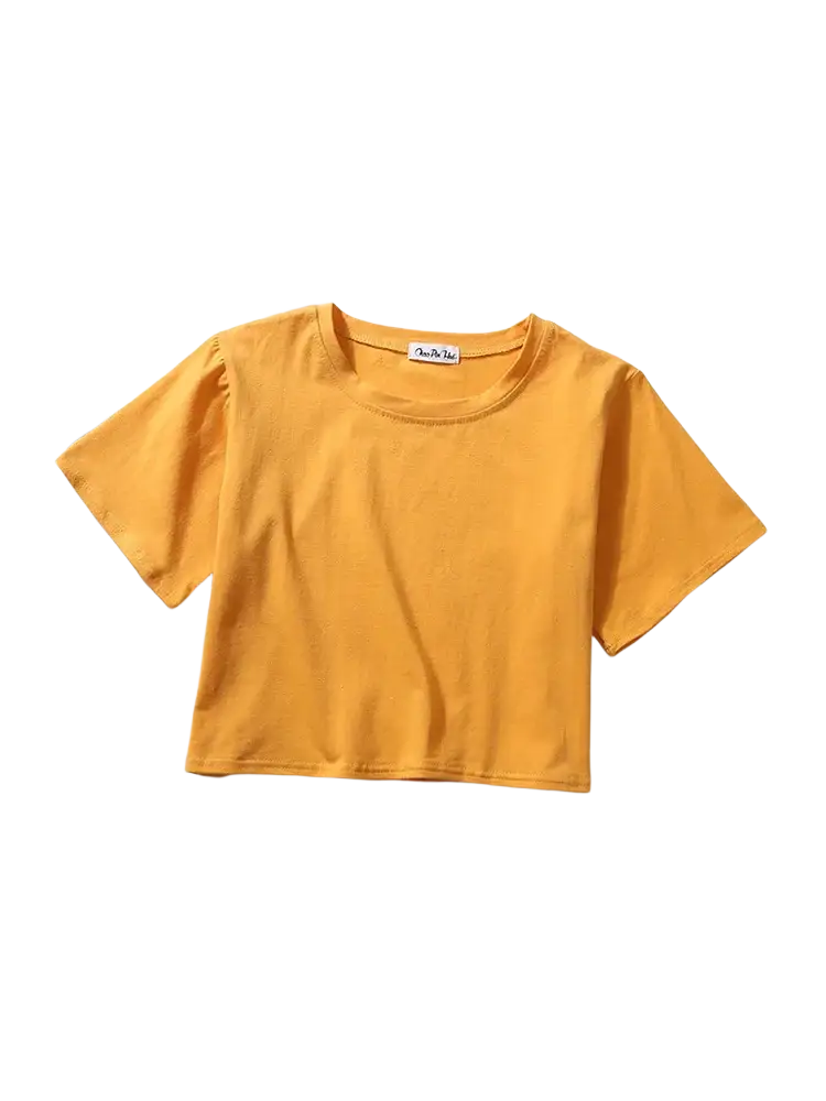 A vibrant yellow women solid short sleeve crop top made of soft cotton fabric with a round neckline for casual wear