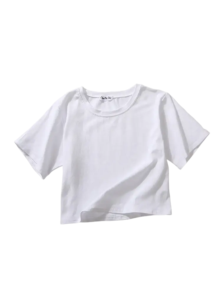 White solid short sleeve crop top made of soft cotton with a simple round neckline for casual wear for women