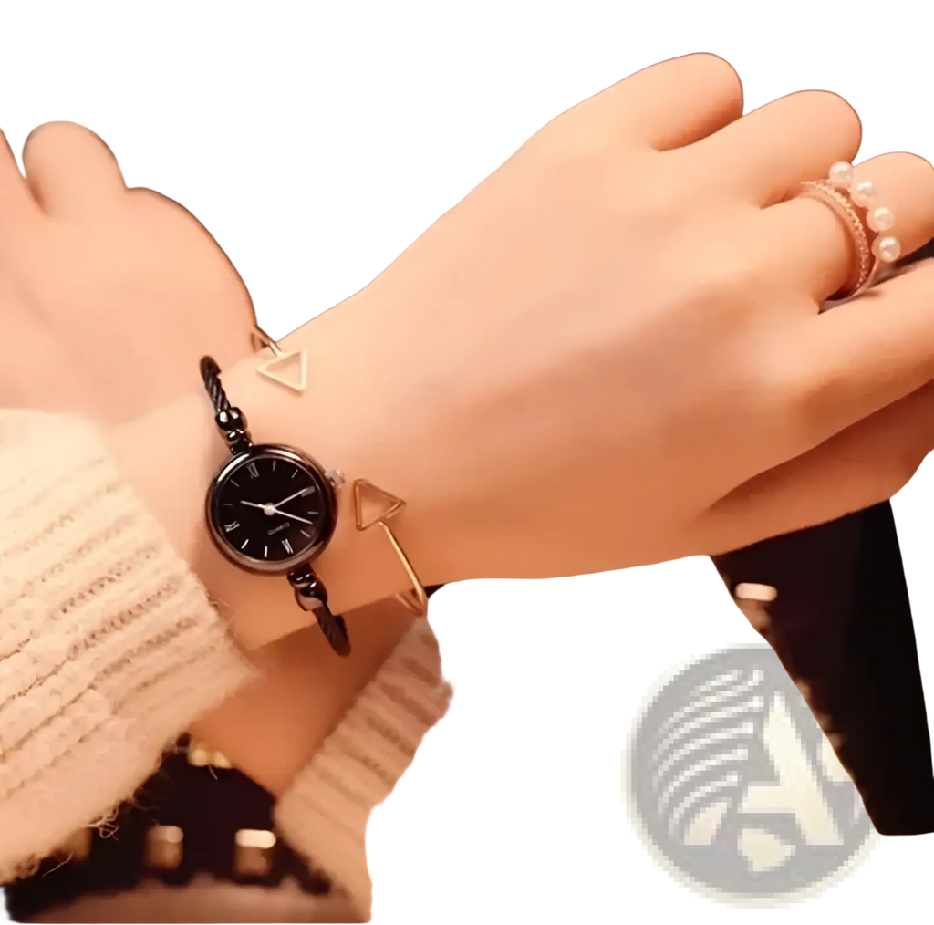 Women stainless steel quartz bangle watch with black round face braided black cord and gold triangle accents