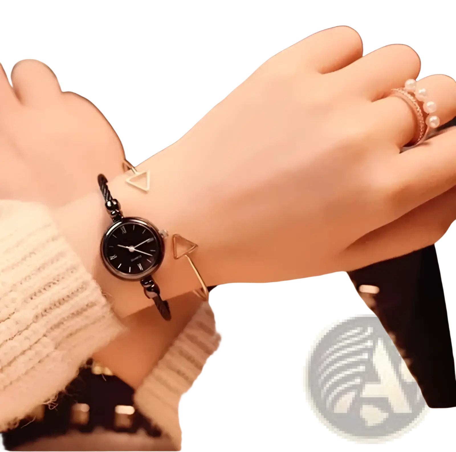 Women stainless steel quartz bangle watch with black round face braided black cord and gold triangle accents