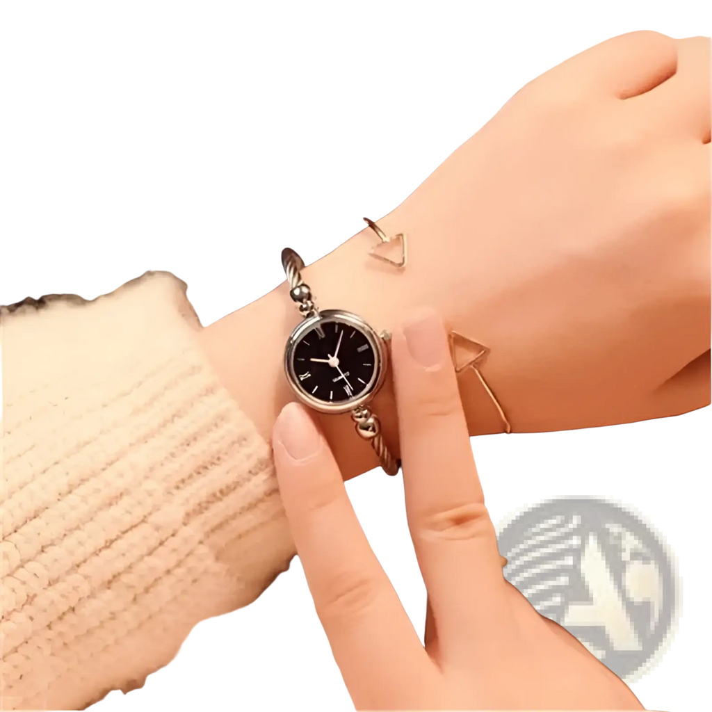 Women stainless steel quartz bangle watch with a delicate silver-toned twisted metal band and round black dial