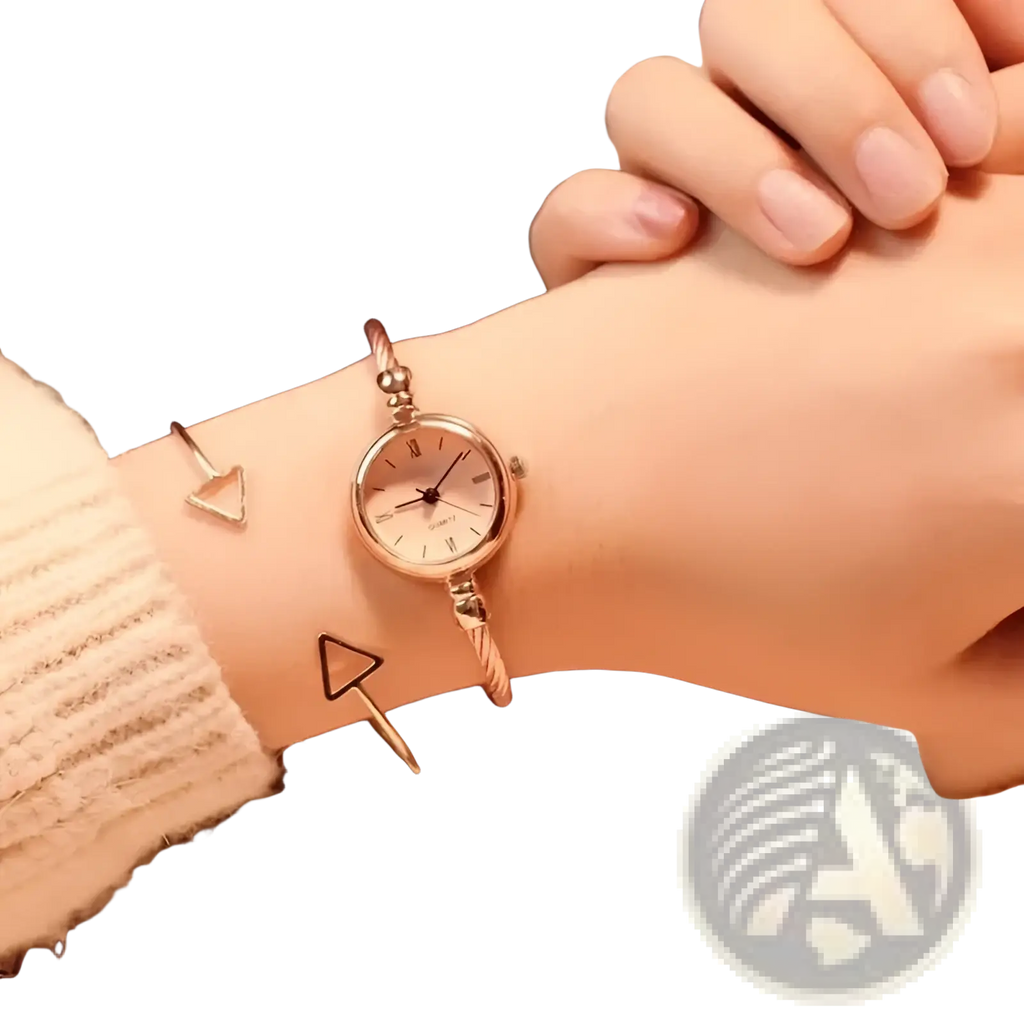 Women stainless steel quartz bangle watch with rose gold metal strap and round white dial for elegant wear