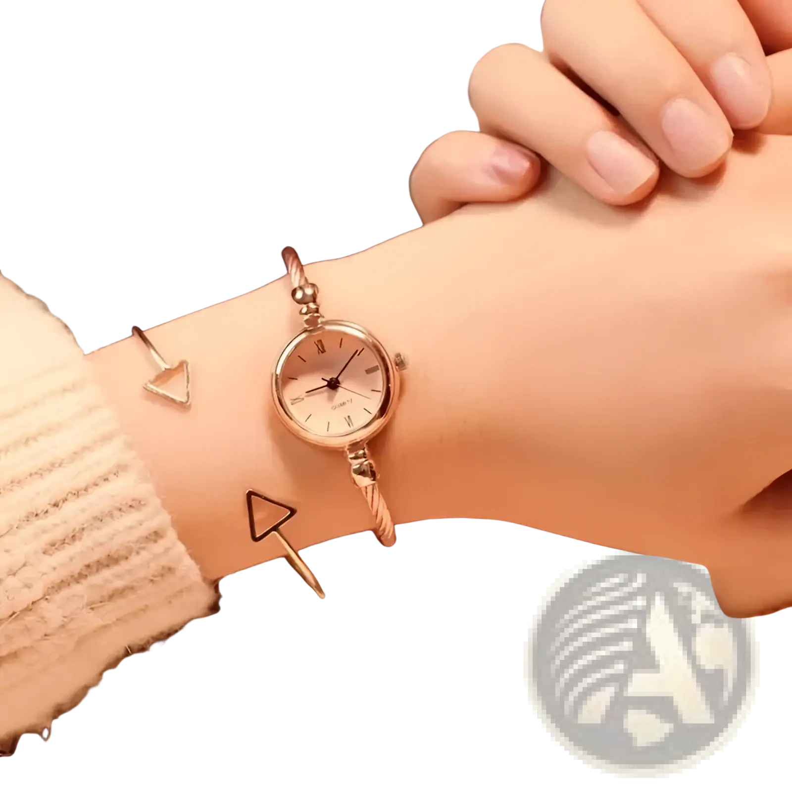 Women stainless steel quartz bangle watch with rose gold metal strap and round white dial for elegant wear