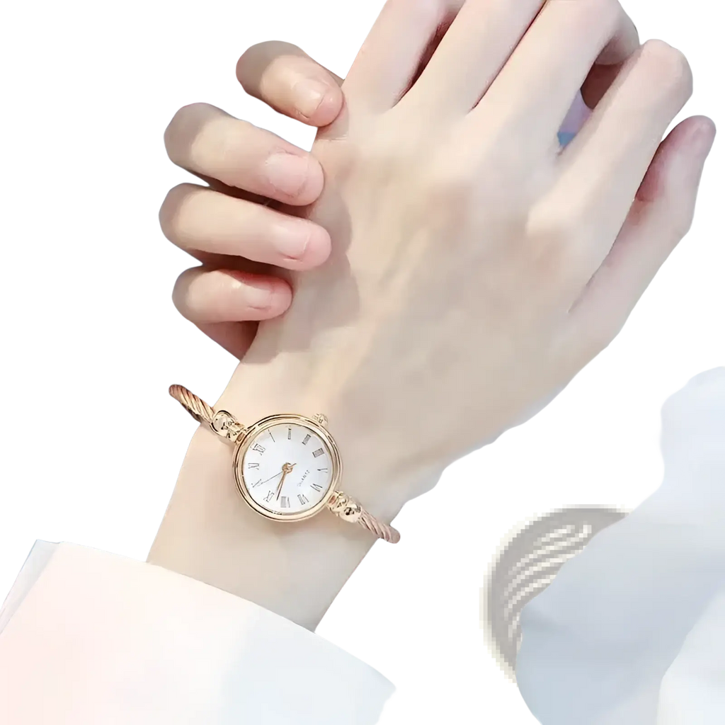 Women stainless steel quartz bangle watch in rose gold tone with white dial roman numerals and twisted rope bracelet design