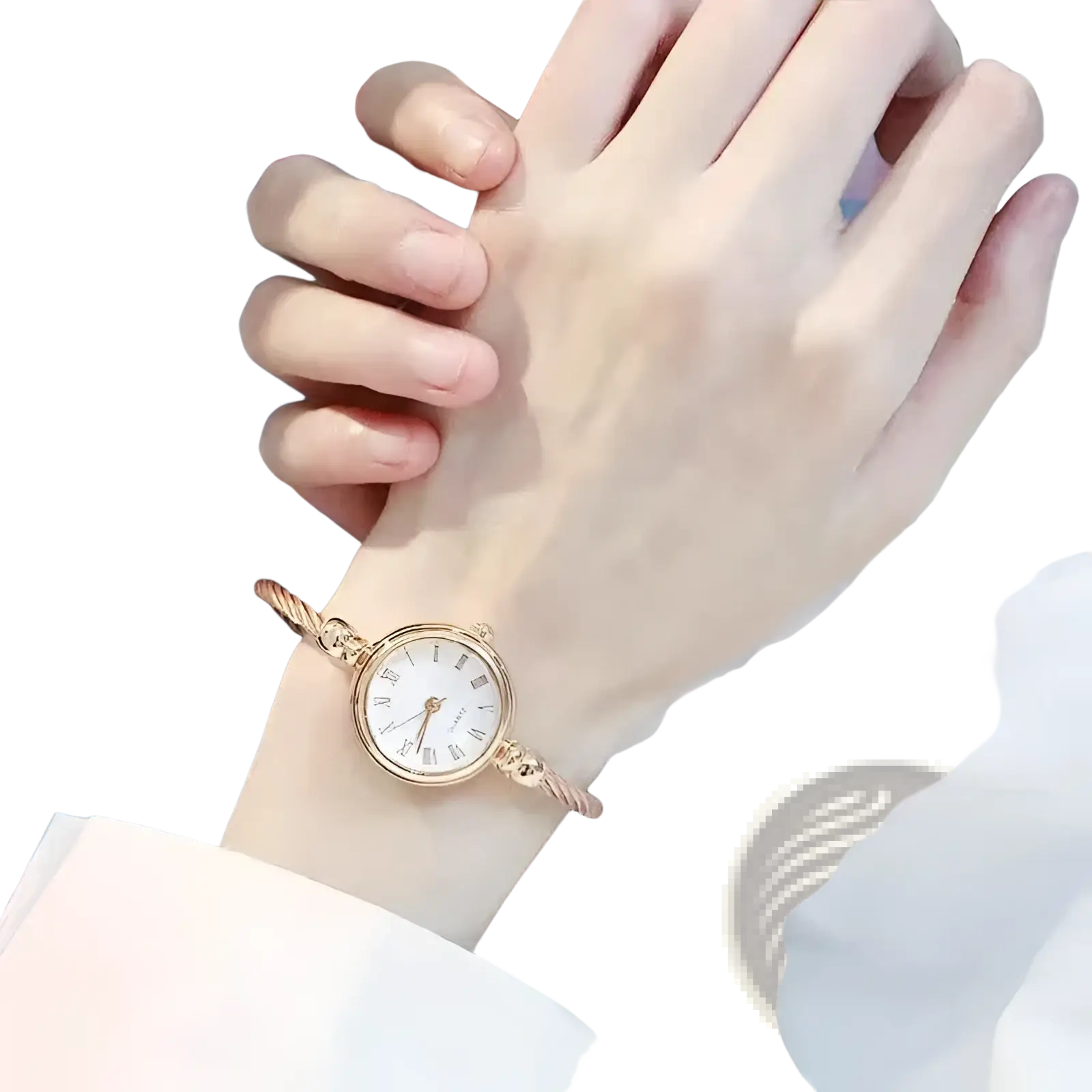 Women stainless steel quartz bangle watch in rose gold tone with white dial roman numerals and twisted rope bracelet design