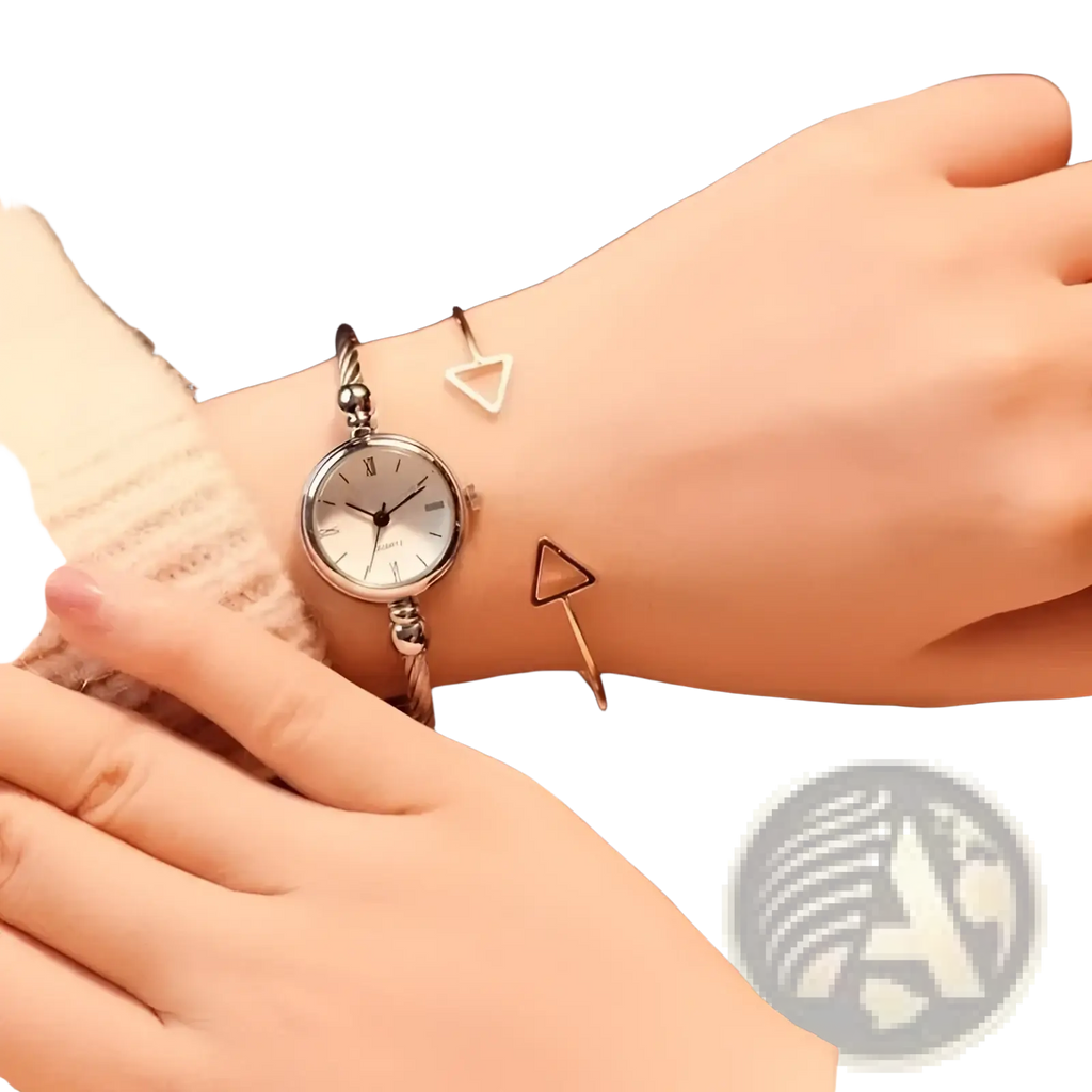 Silver-toned women stainless steel quartz bangle watch with white dial, roman numerals, and braided metal strap