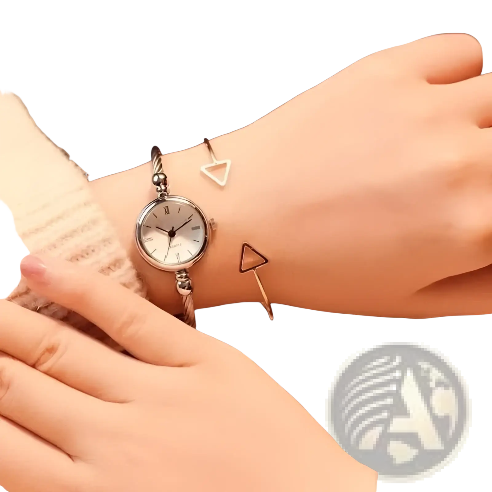 Silver-toned women stainless steel quartz bangle watch with white dial, roman numerals, and braided metal strap