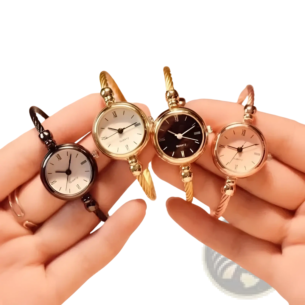 Women stainless steel quartz bangle watch set with gold-toned twisted metal bands and white black rose gold faces