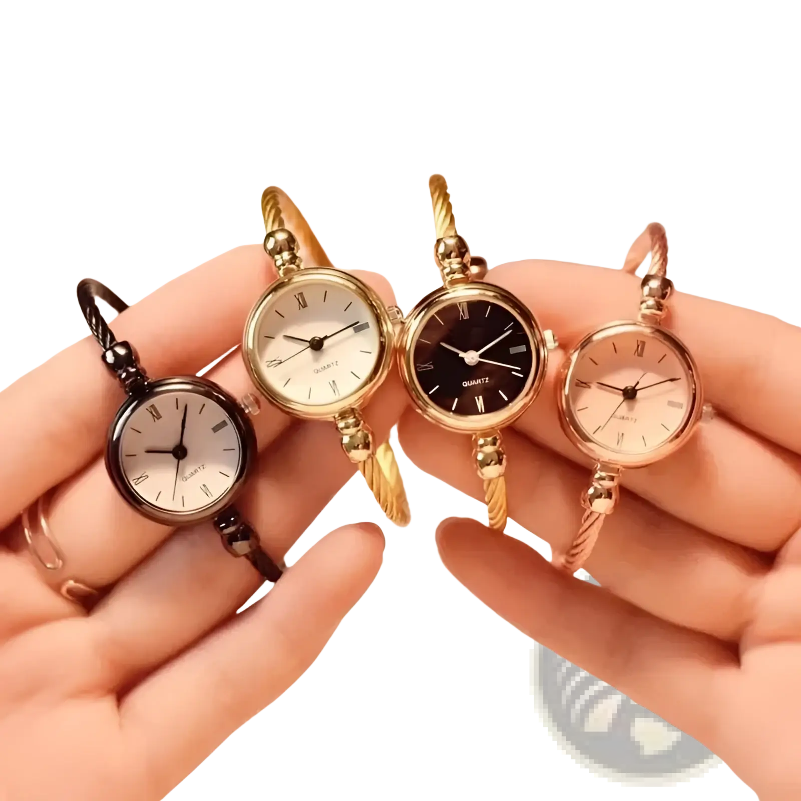 Women stainless steel quartz bangle watch set with gold-toned twisted metal bands and white black rose gold faces