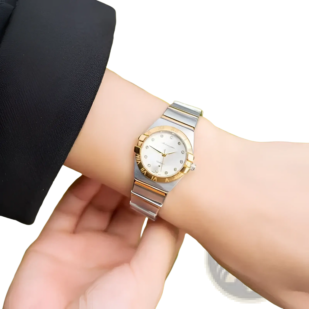 An elegant two-tone omega women stainless steel quartz watch with a diamond bezel and roman numeral white dial