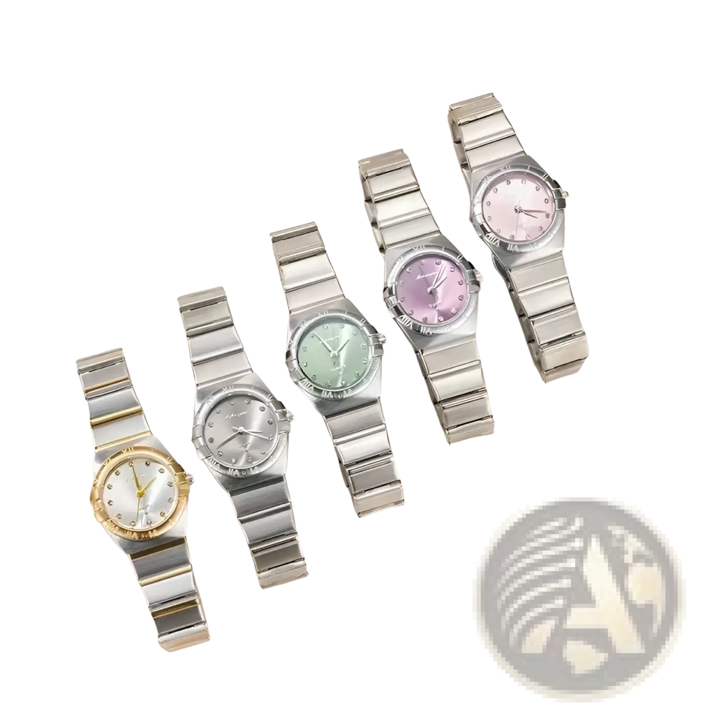 Five elegant omega women stainless steel quartz watches with mother-of-pearl dials and pastel gold-tone accents