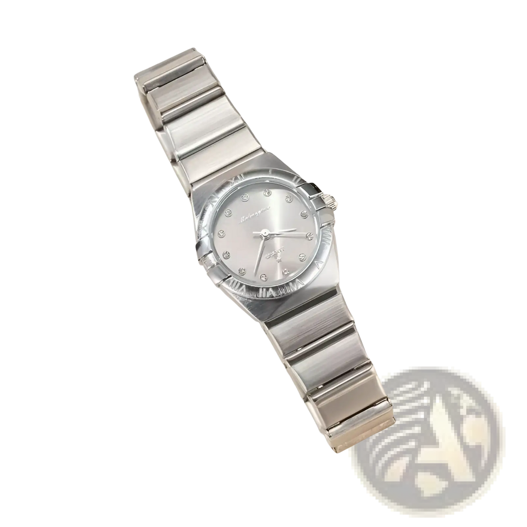 Silver omega watch with a sleek stainless steel bracelet and diamond-studded bezel for women with pink dial quartz movement