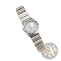 Silver omega watch with a sleek stainless steel bracelet and diamond-studded bezel for women with pink dial quartz movement
