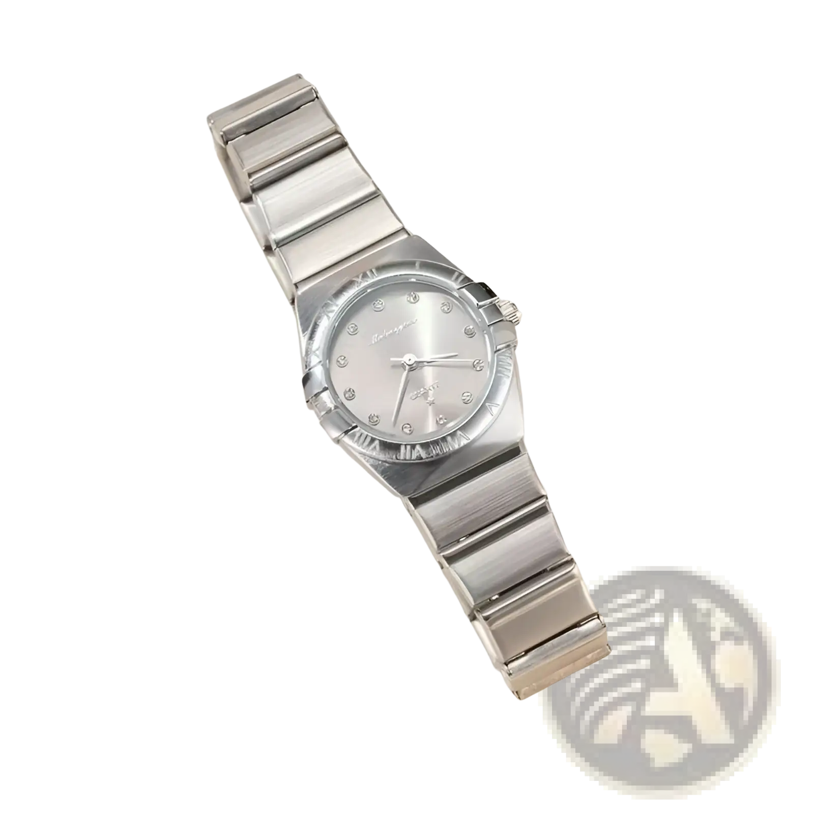 Silver omega watch with a sleek stainless steel bracelet and diamond-studded bezel for women with pink dial quartz movement