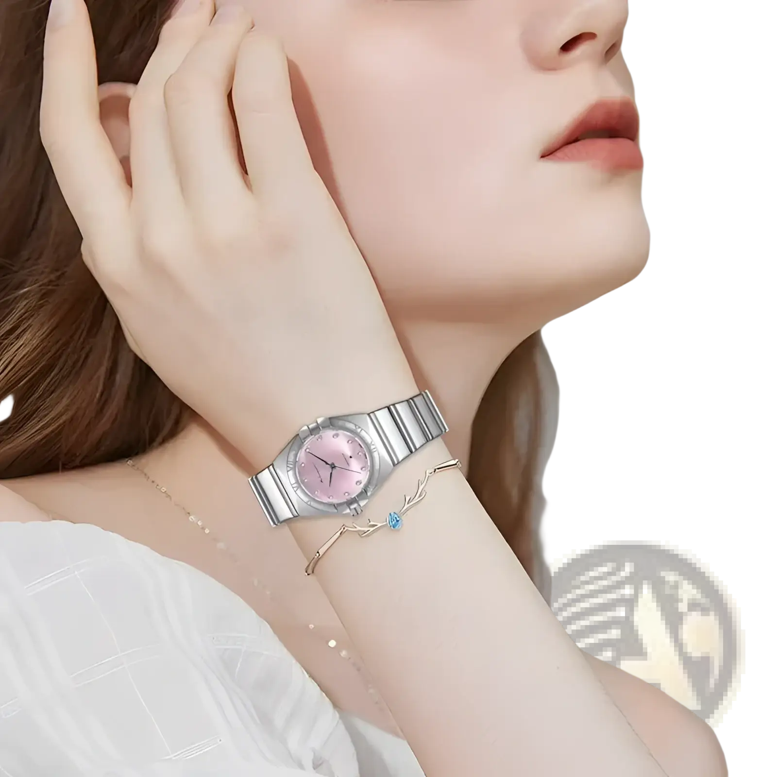 Women stainless steel quartz watch with a silver-toned case, delicate pink dial, and segmented stainless steel band