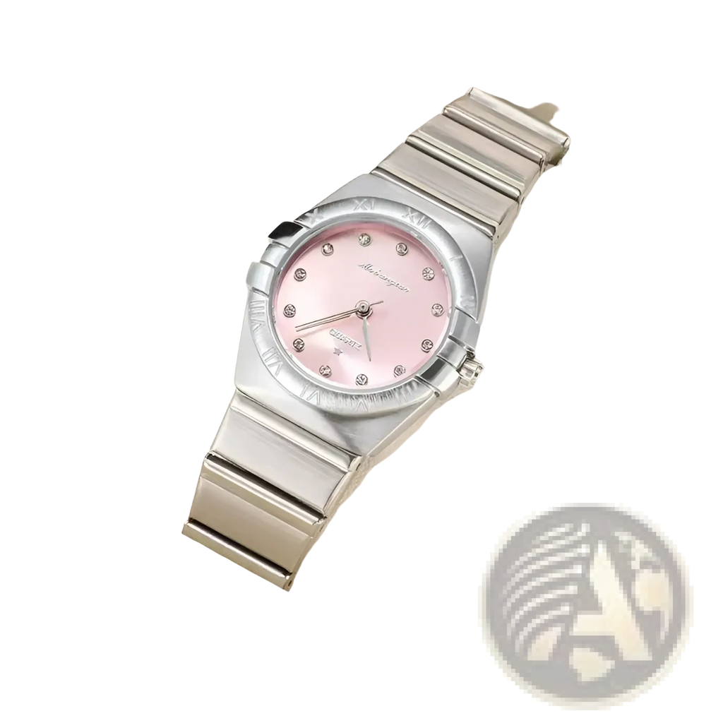 A women stainless steel quartz watch with a silver tone, pink mother-of-pearl dial, and diamond hour markers