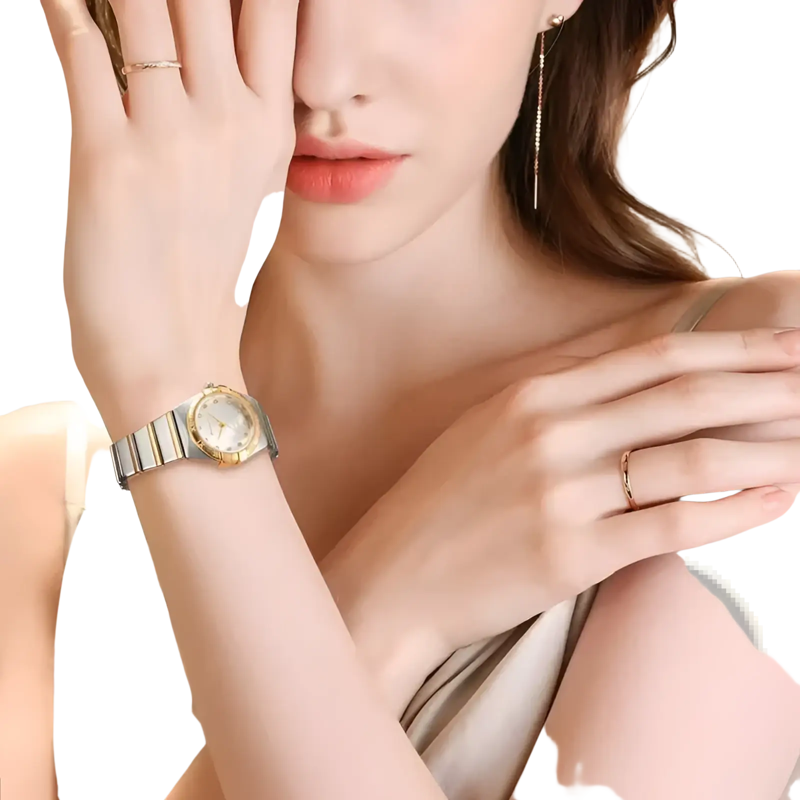 A sleek two-tone stainless steel and gold omega women stainless steel quartz watch with a pink dial and round face