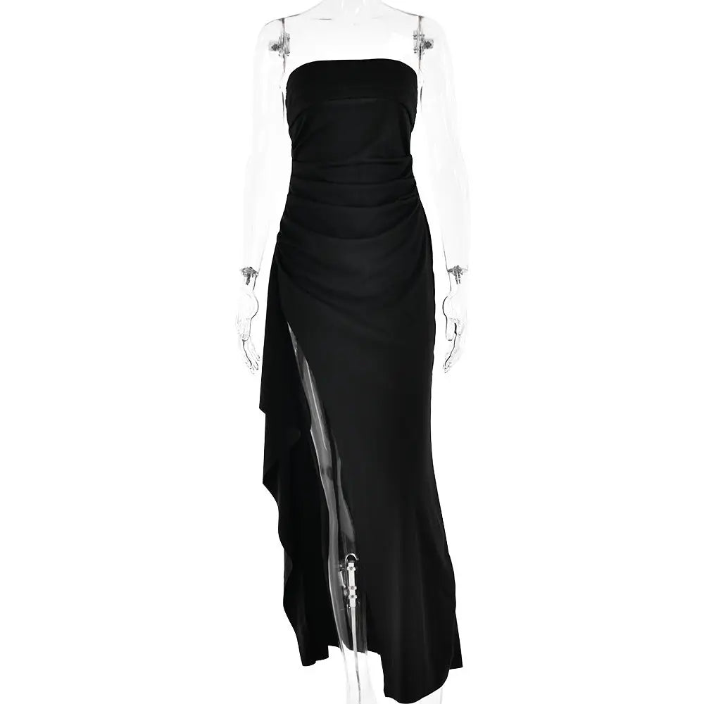 Black strapless satin maxi gown with pleated ruched bodice and high slit for elegant evening wear