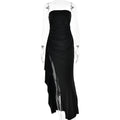 Black strapless satin maxi gown with pleated ruched bodice and high slit for elegant evening wear