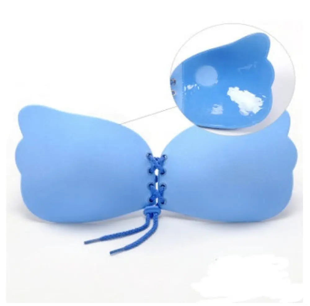 Blue silicone lace up adhesive strapless push up bra with cat-shaped design and front lace-up closure