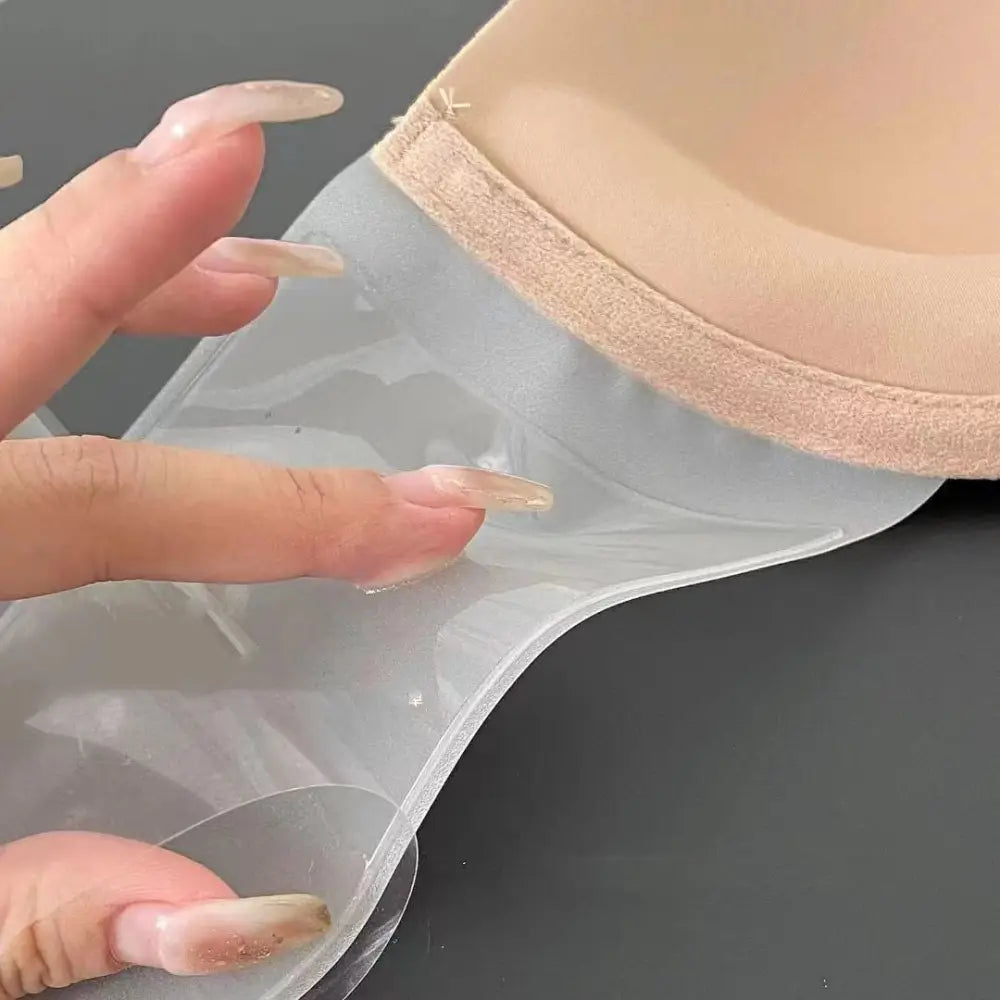 Clear silicone adhesive bra cup liner with beige fabric edge for 2-pack adhesive strapless push up bras with clear wings