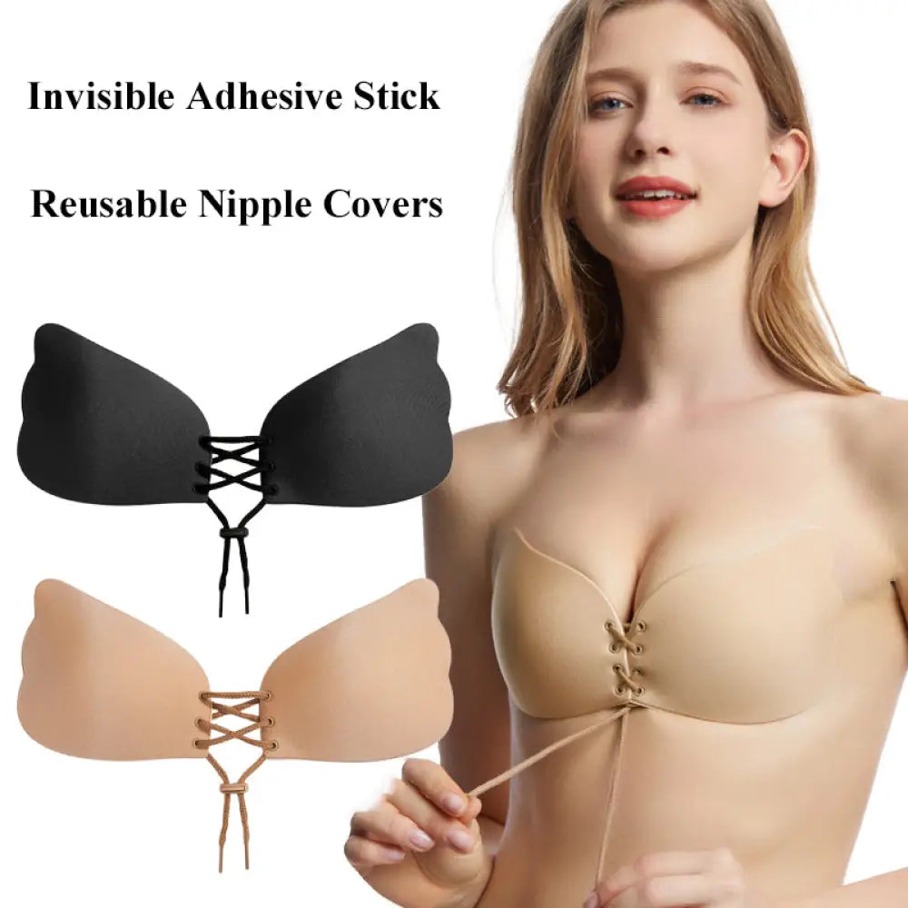 Black and beige reusable adhesive nipple covers with lace up design for strapless push up bra support