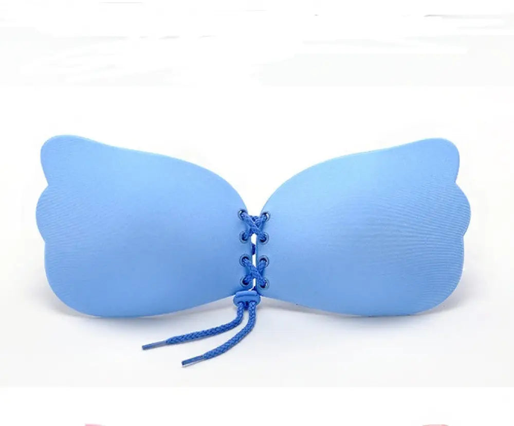 Light blue silicone adhesive strapless push up bra with lace-up front and matching cord for support and lift