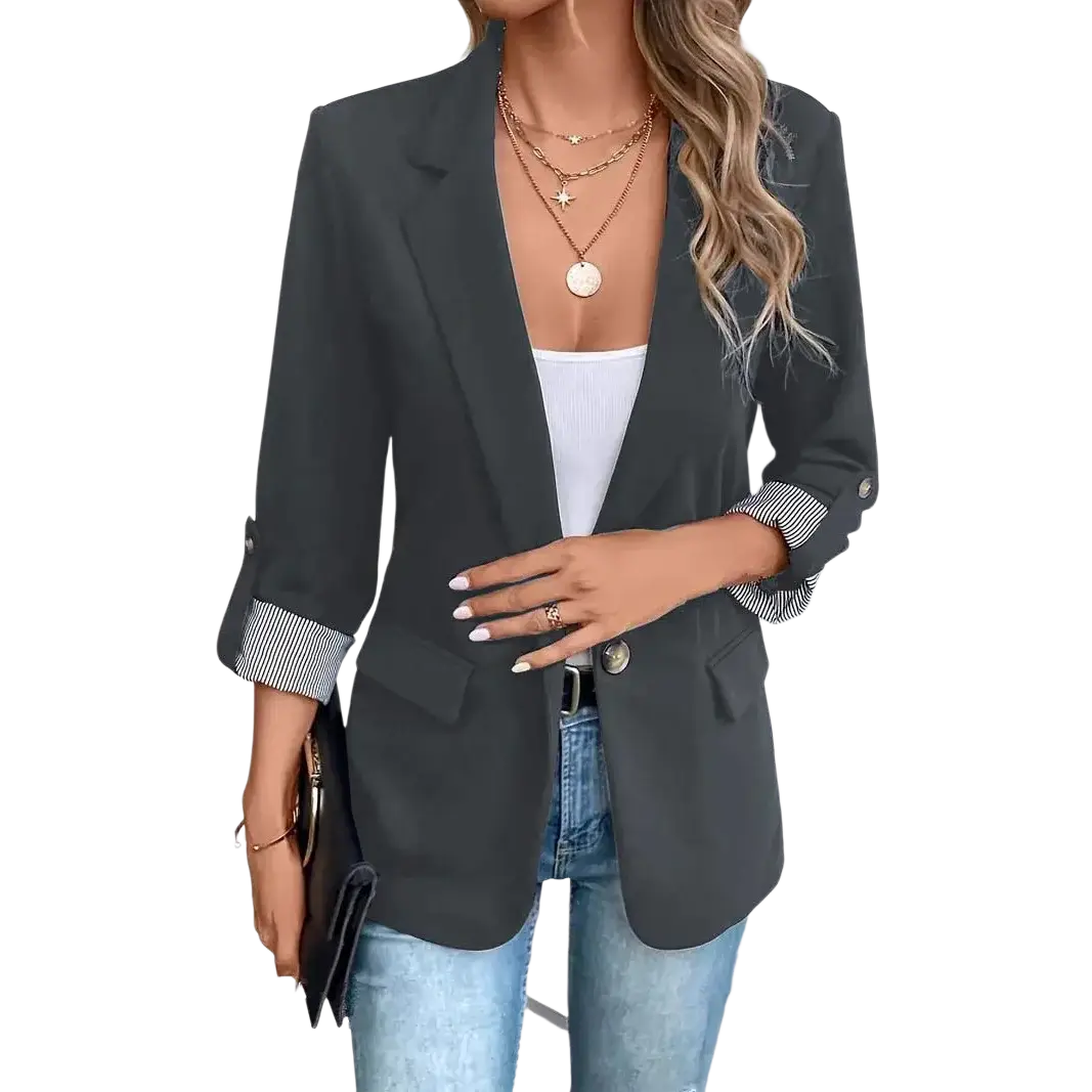 Black women blazer with striped cuffs and single button closure ideal for professional or formal occasions